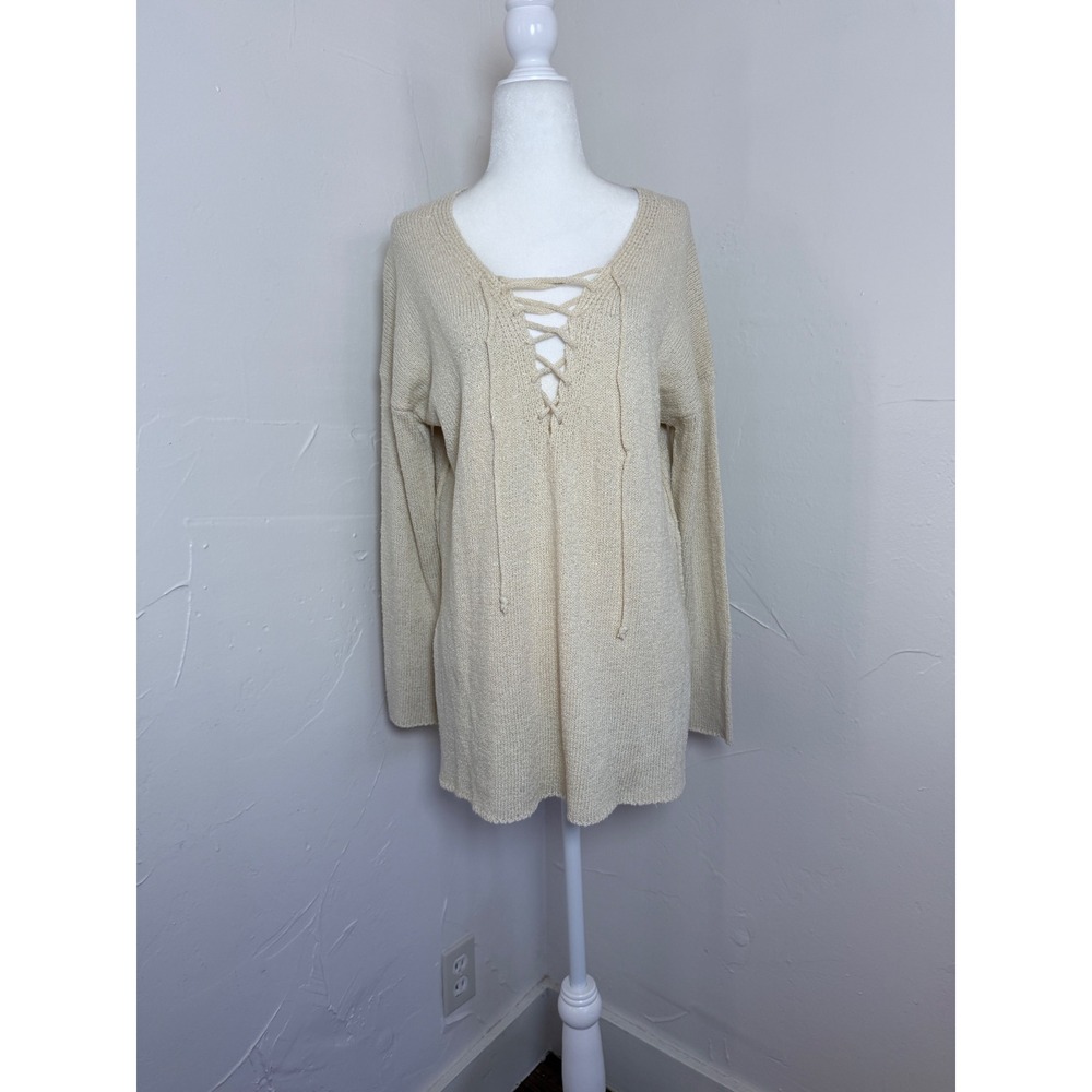 ASTR The Label Cream Lace Up V Neck Sweater Oversized Boho Tunic Small Nautical